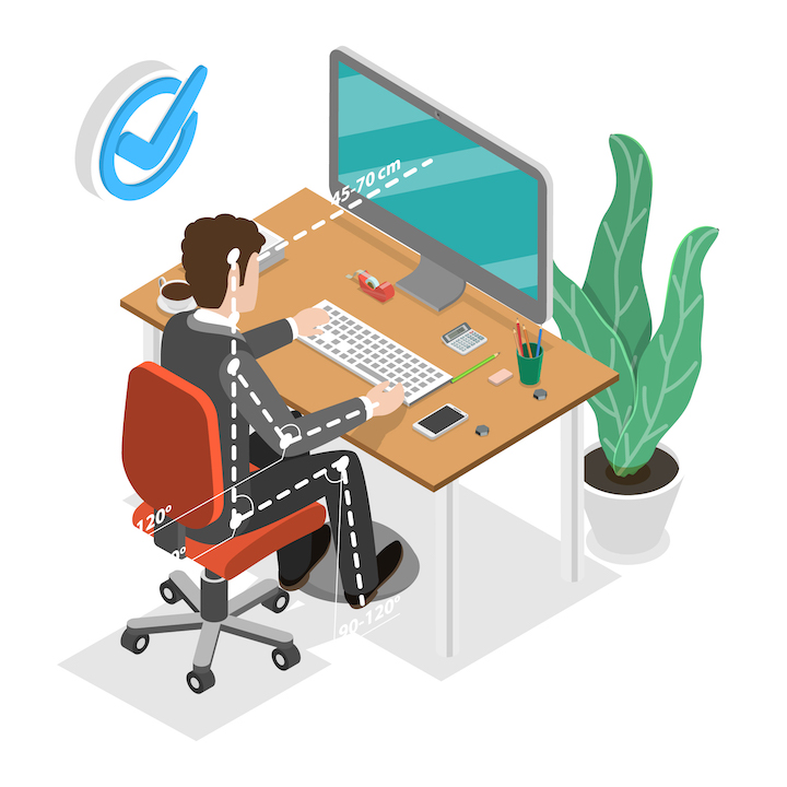 An illustration of a person sitting on a chair while working on a laptop with the instruction of the right spine seat position.