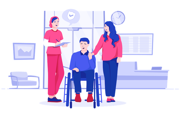 An illustration of a handicapped man in wheelchair smiling as he's been consoled by a partner and a doctor taking notes.