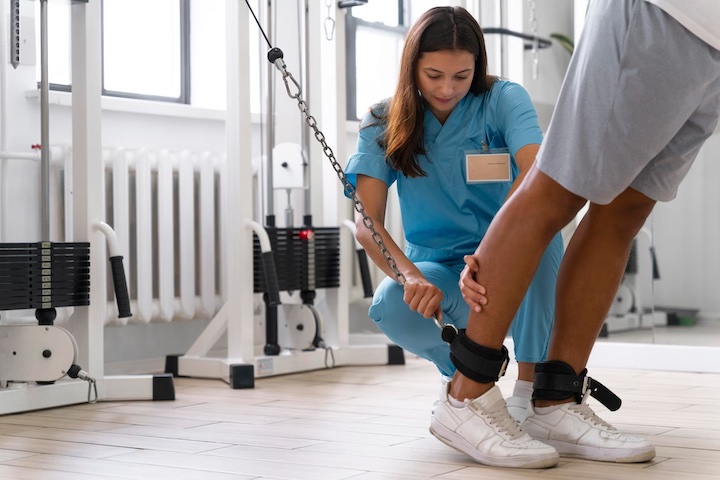 A medical assistant helping patient with physiotherapy exercises for rehabilitation.