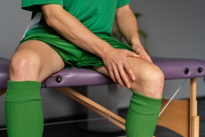 A sportsperson clutching their thigh during a physiotherapy appointment.
