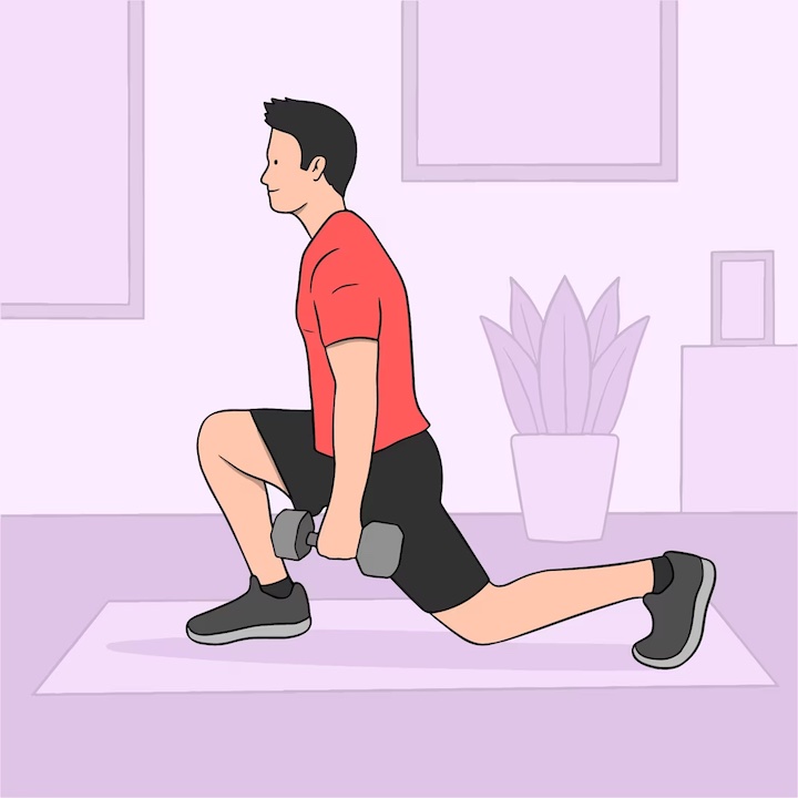 A vector illustration of a man in red T-shirt lunging with weights in his hands for a thigh exercise.