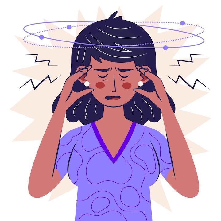 An illustration of a colored woman grasping her temples with dizziness symbols drawn around her head.