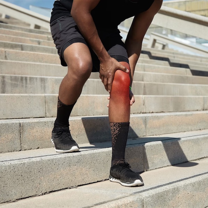 An unrecognisable black man holding his knee in pain with redness or inflammation around the entire knee area.