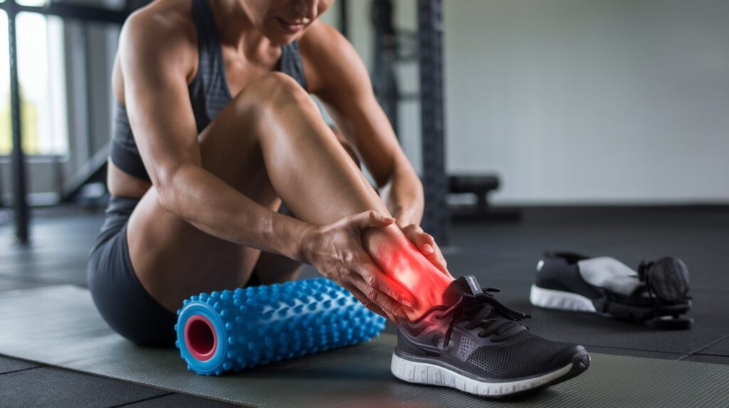 A woman uses a foam roller to stretch her foot, addressing Can Plantar Fasciitis Cause Calf Pain