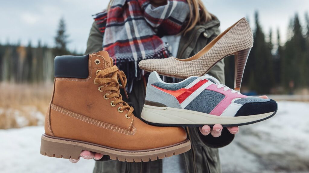 A woman stands in the snow, holding two pairs of shoes, contemplating the best choice for different shoe types.