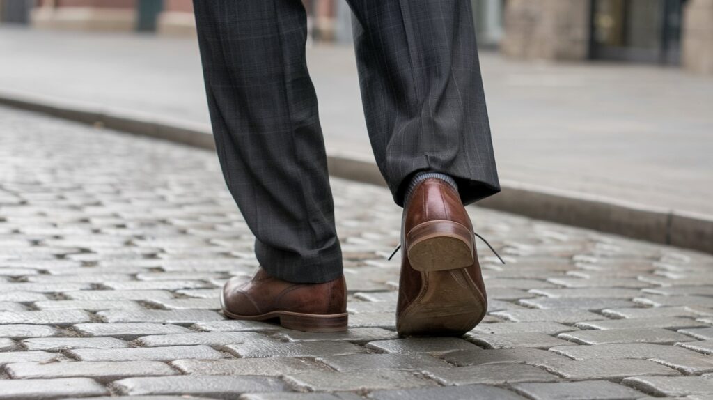 A man in a suit and tie walks confidently on a cobblestone street, ensuring his shoes remain secure and slip-free.