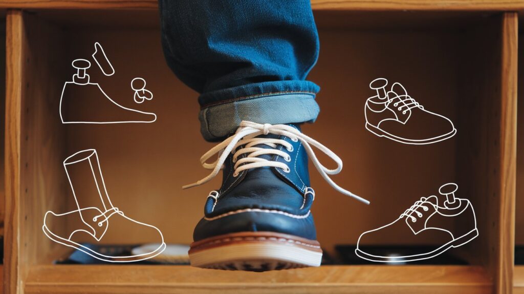 A person's feet on a shoe rack displaying various shoe types, illustrating quick fixes for a tighter fit.