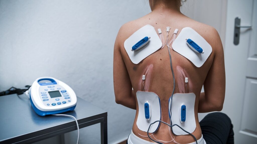 A woman receiving TENS therapy, with electrodes placed on her back for optimal pain relief and muscle stimulation.