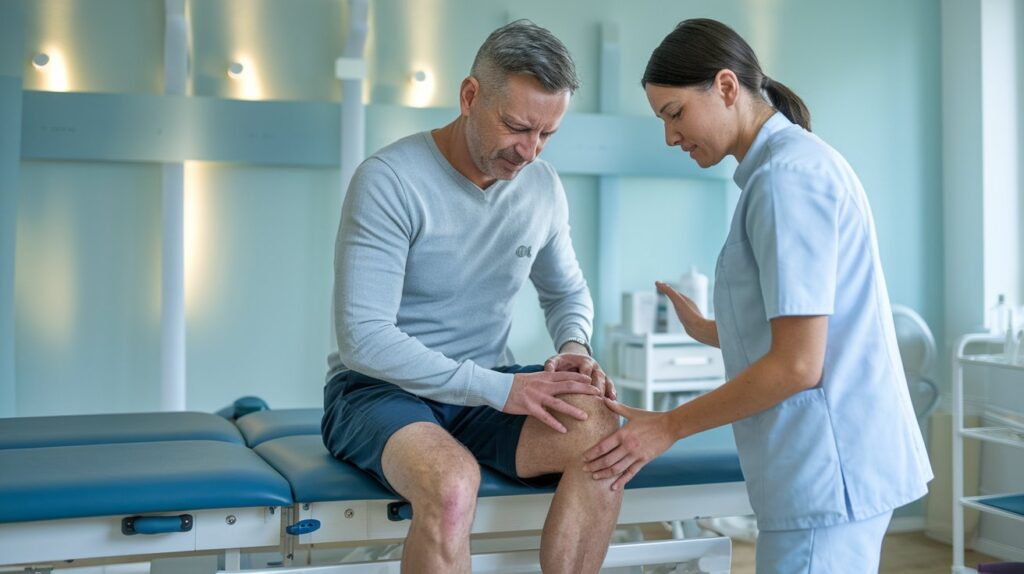 A nurse examines a man's knee, highlighting the importance ofWhen to See a Physio for Knee Pain Signs & Treatment