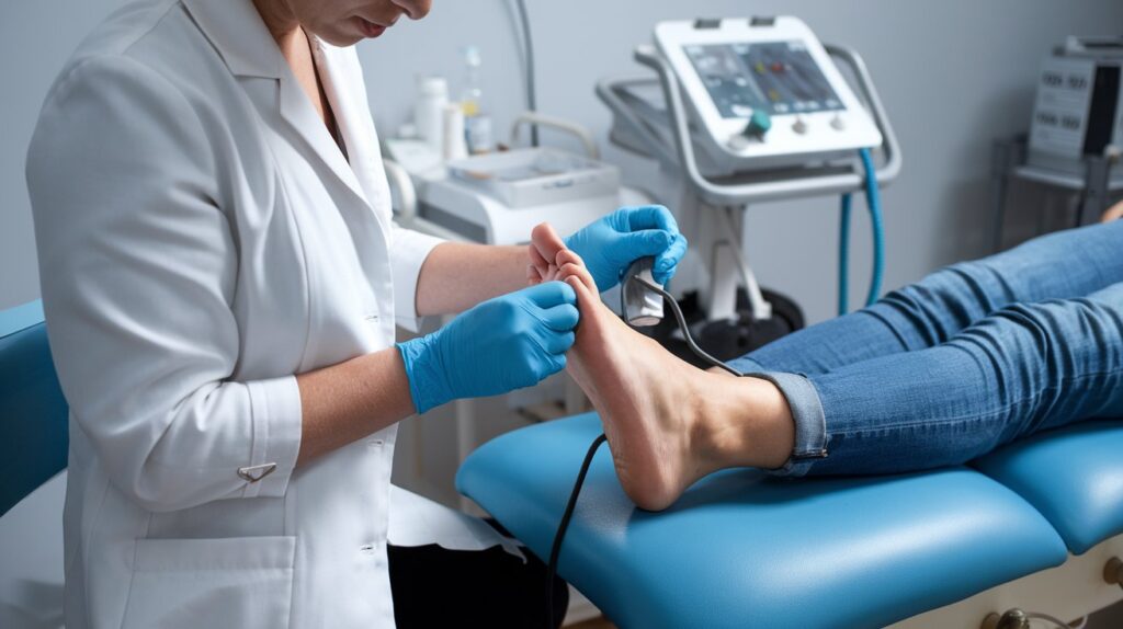 A podiatrist providing treatment for plantar fasciitis, showcasing a professional session for those deciding between a podiatrist or physio for plantar fasciitis.