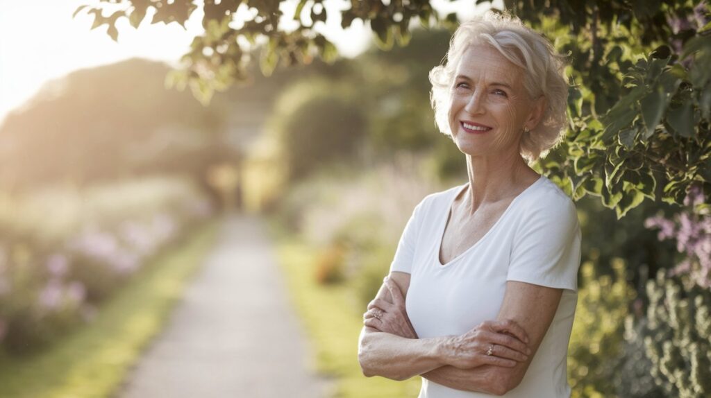 A fit and confident 60-year-old woman standing outdoors, smiling with her arms crossed. Her toned physique reflects a successful 60 year old woman body transformation, highlighting strength, health, and vitality. The background features a sunlit park with greenery, symbolizing an active and healthy lifestyle.