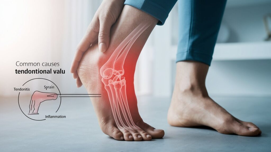 Illustration of ankle pain when flexing foot down, showing highlighted pain area and common causes like tendonitis, sprain, and inflammation.