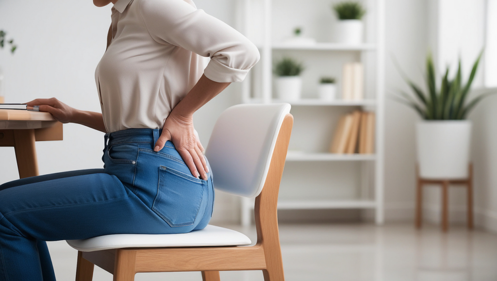 A woman sitting in a chair, visibly uncomfortable, holding her back due to pain on the right side.