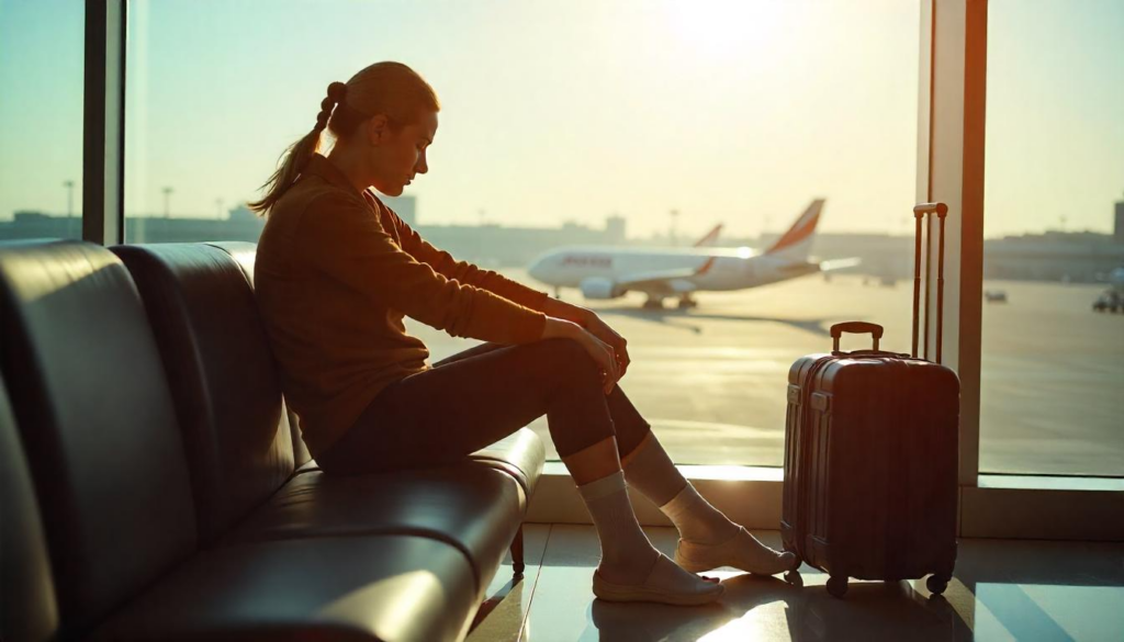 Traveler sitting in an airport lounge, putting on compression socks to improve circulation. Learn how to reduce swelling after flying with simple remedies.