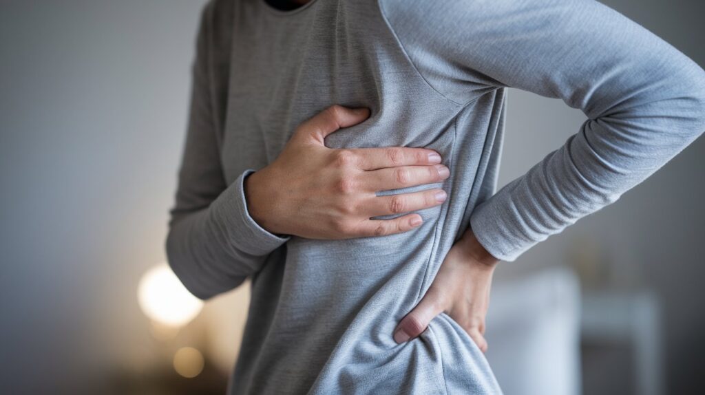 A person wearing a gray long-sleeve shirt holding their right side in discomfort, indicating back rib pain right side. The image captures a close-up of their torso, emphasizing the pain area with a natural indoor setting in the background.