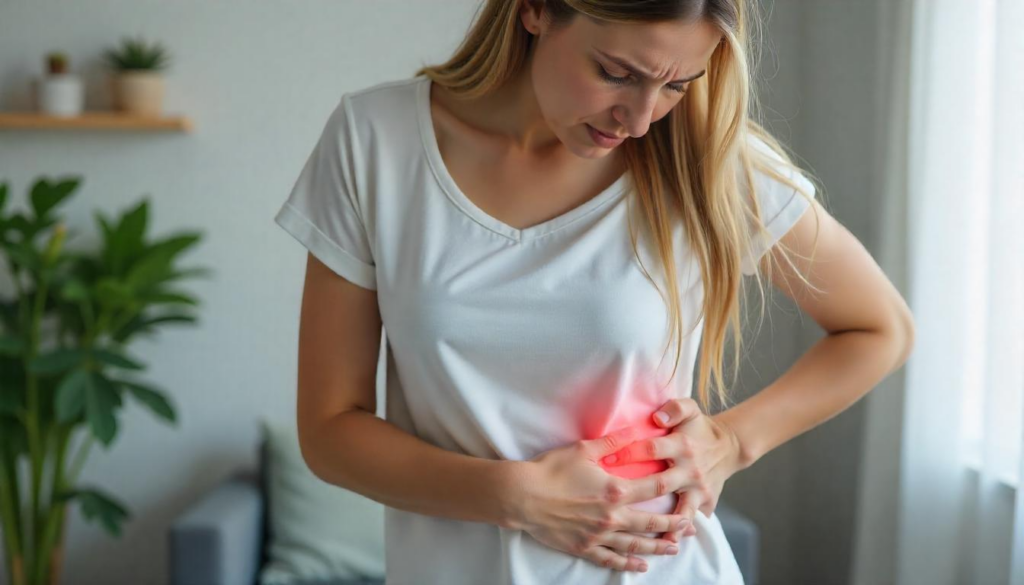 A woman in a white t-shirt holding her right side in discomfort, with a red glow highlighting the pain area. The image represents floating rib pain right side in a home setting