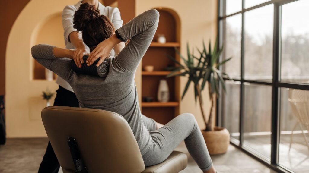 Person using a foam roller to get rid of knots in your back during a relaxing therapy session. The image highlights the process of relieving back tension and discomfort.