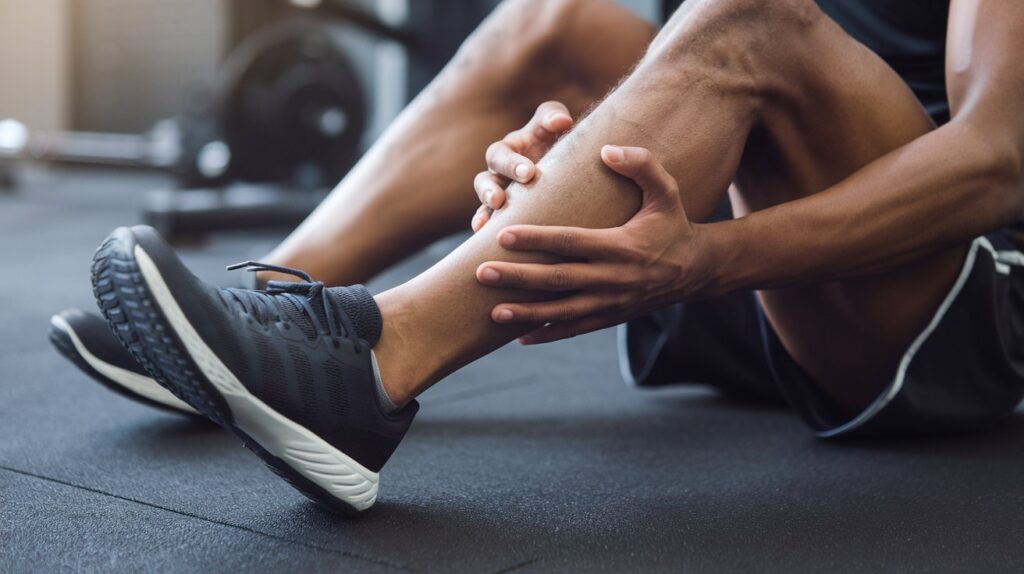 A close-up of an athlete sitting on the gym floor, holding their lower leg in discomfort. The image represents grade 1 calf strain recovery time and the healing process.