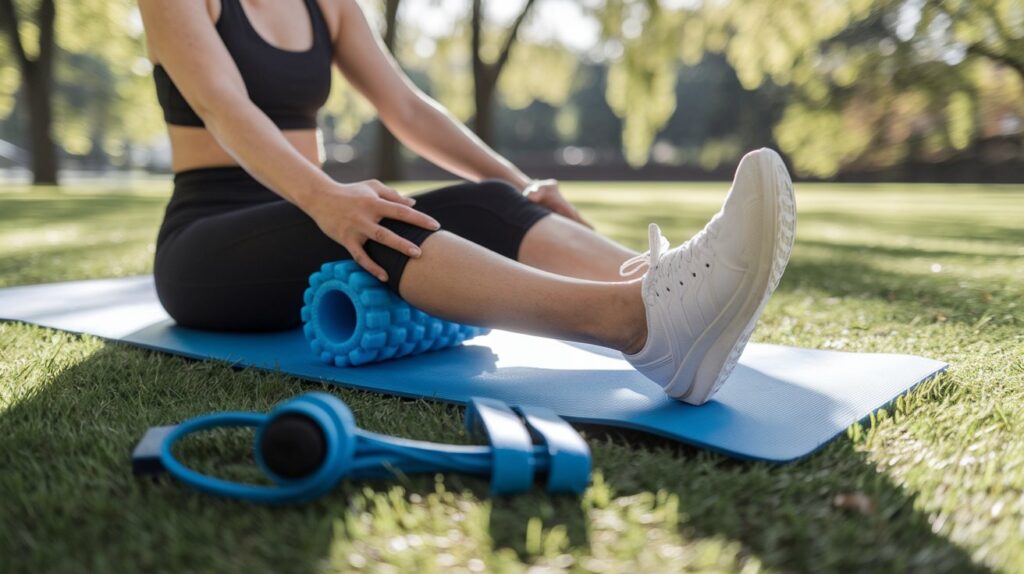 Person using a foam roller on their legs while sitting on a yoga mat outdoors. Learn how to loosen tight muscles in legs with simple stretching techniques.