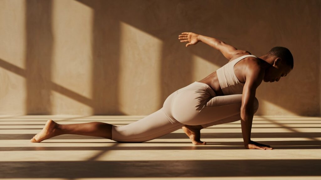 Person performing a stretching exercise to improve flexibility and hip mobility, demonstrating how to release iliacus muscle for better movement and pain relief.