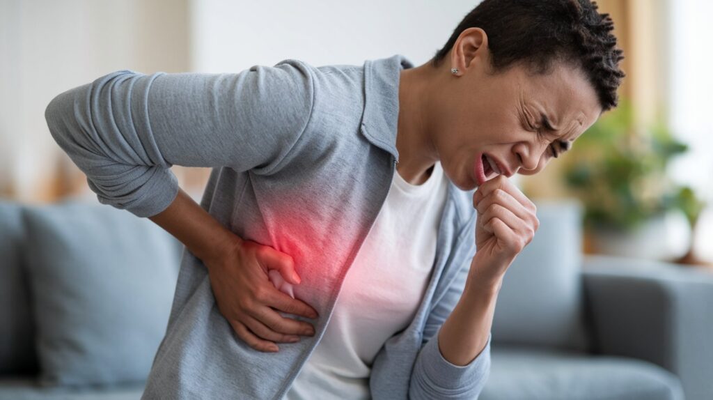 A woman in a gray sweater clutching her side in pain while coughing, highlighting discomfort. The image represents how to stop ribs hurting from coughing with a focus on relief and recovery.