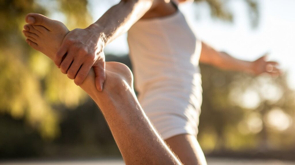 A person performing a leg stretch outdoors, demonstrating how to stretch back of knee to improve flexibility and relieve tightness in the area.